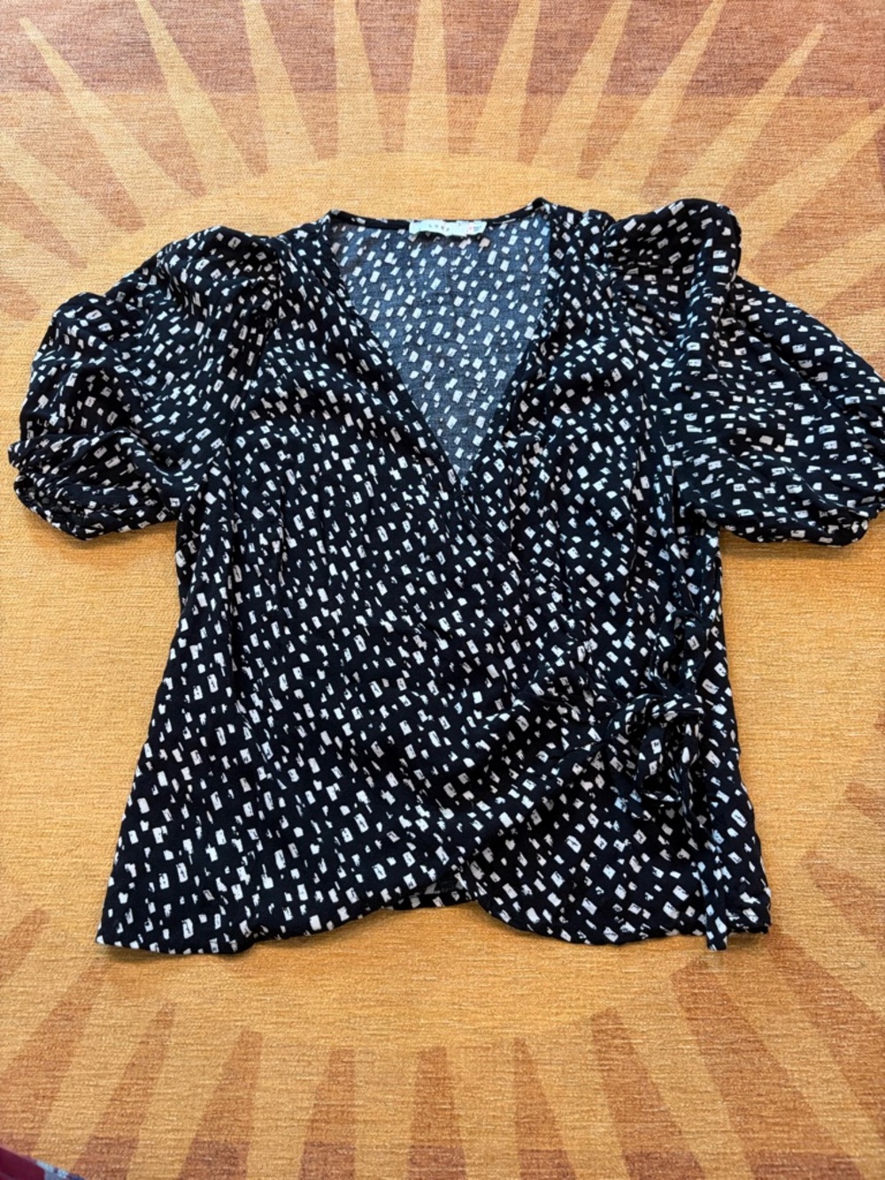 Lush Black Printed Wrap Top with Puff Sleeves - Women